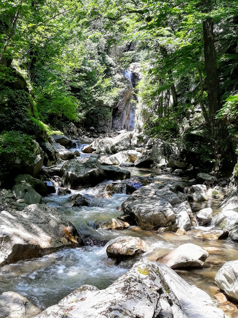 По реката нагоре. Водопадът вече се вижда.